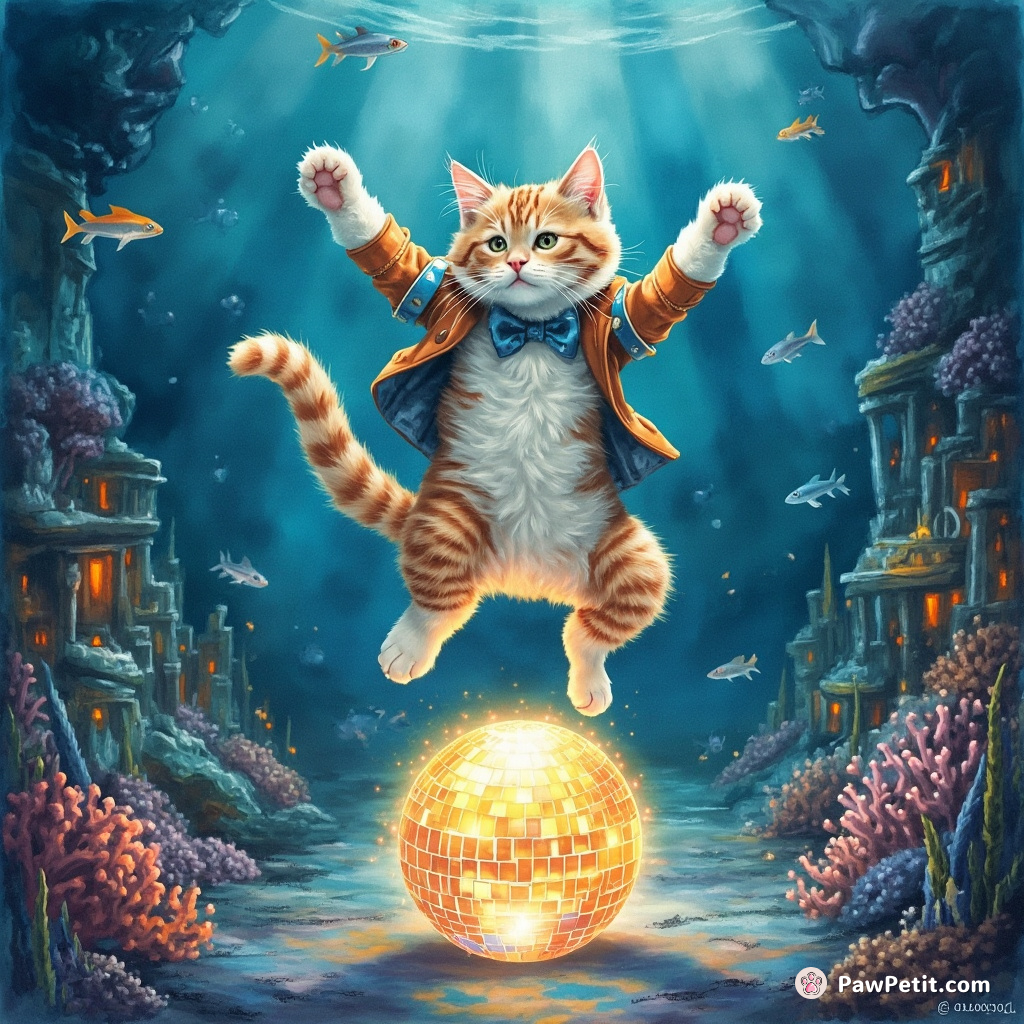 Cat break-dancing on a glowing disco ball in the middle of an underwater city.
