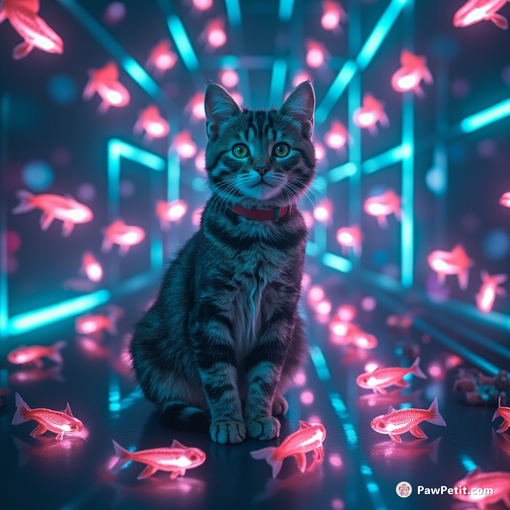 A cats-only Olympics set in a labyrinth filled with neon galactic fish.