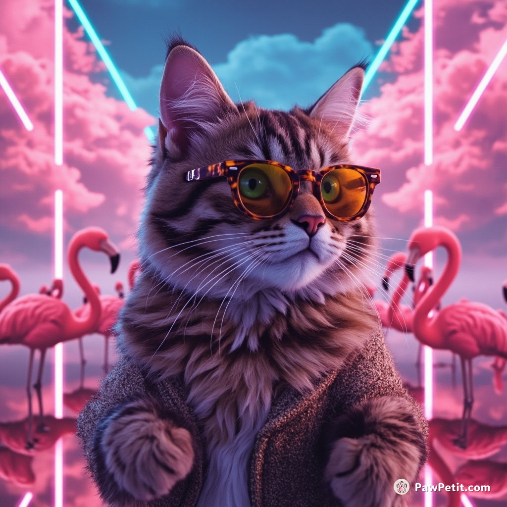 A cat wearing tortoise shell spectacles conducting a symphony of flamingos in a cloud highway.