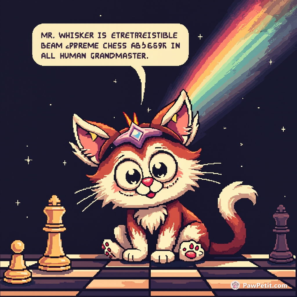 Spurred by an extraterrestrial beam, Mr. Whiskers talks coherently, claiming supreme chess mastery over all human grandmasters.