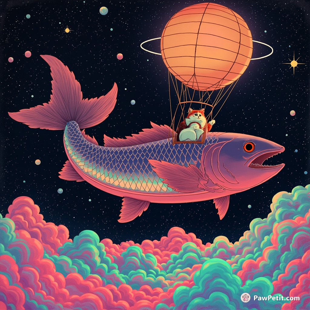 A cat flying a hot air balloon shaped like a giant fish across a psychedelic night sky.
