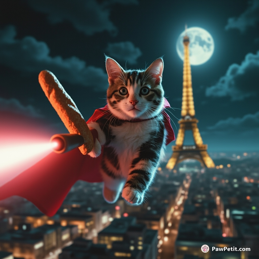 A calico cat wearing a tiny superhero cape, flying through the night sky over Paris, using a baguette as its laser pointer-guided missile.