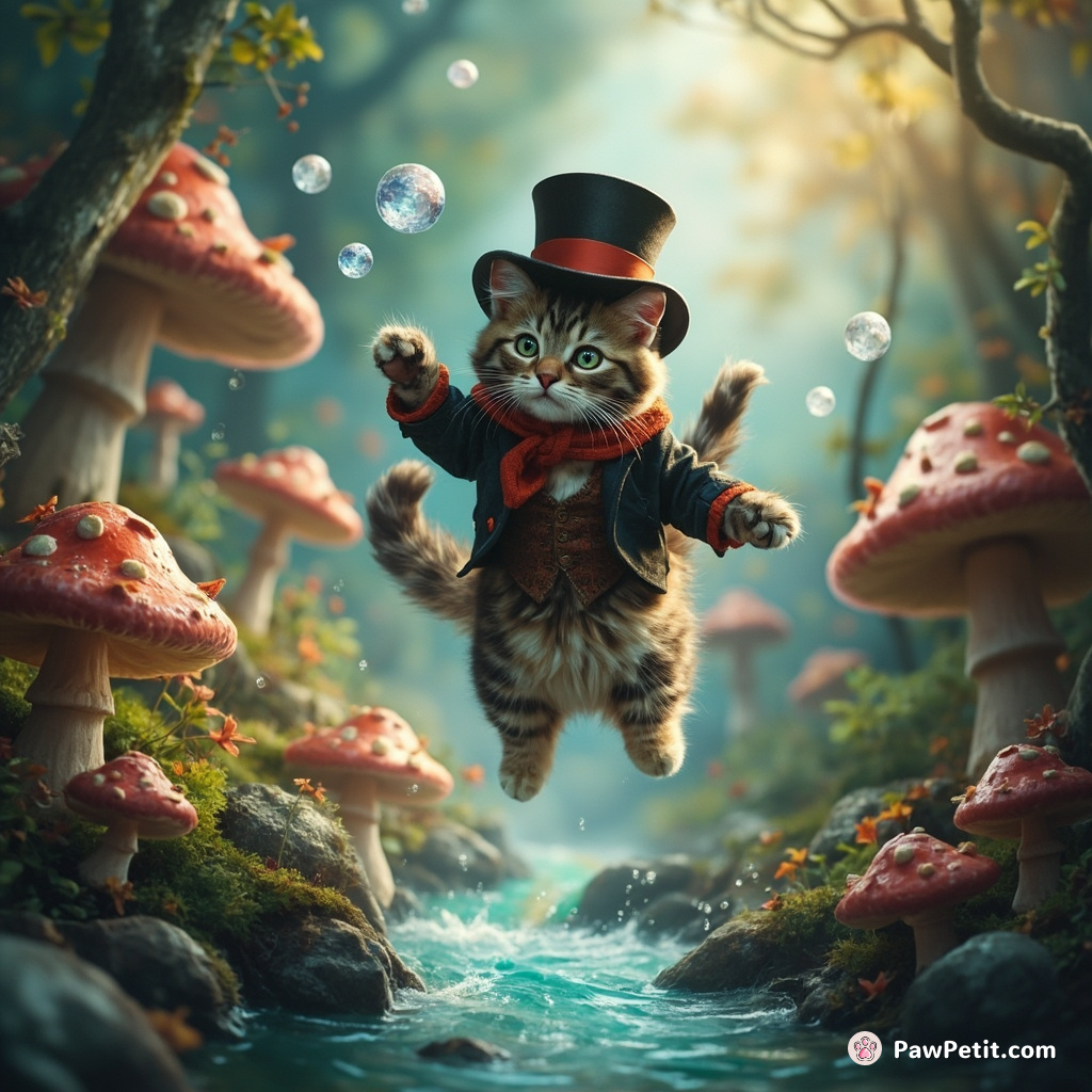 A top-hatted cat agilely leaps over a rainbow river in an enchanted mushroom grove while juggling moonstone crystals with his tail.