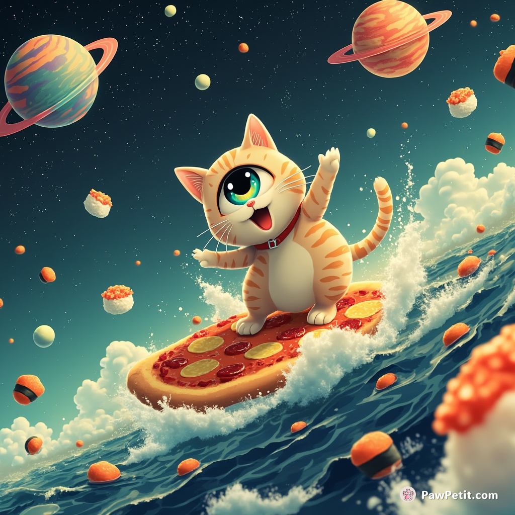 A one-eyed cat surfing on a slice of pizza, through a cosmic sea filled with floating sushi planets.