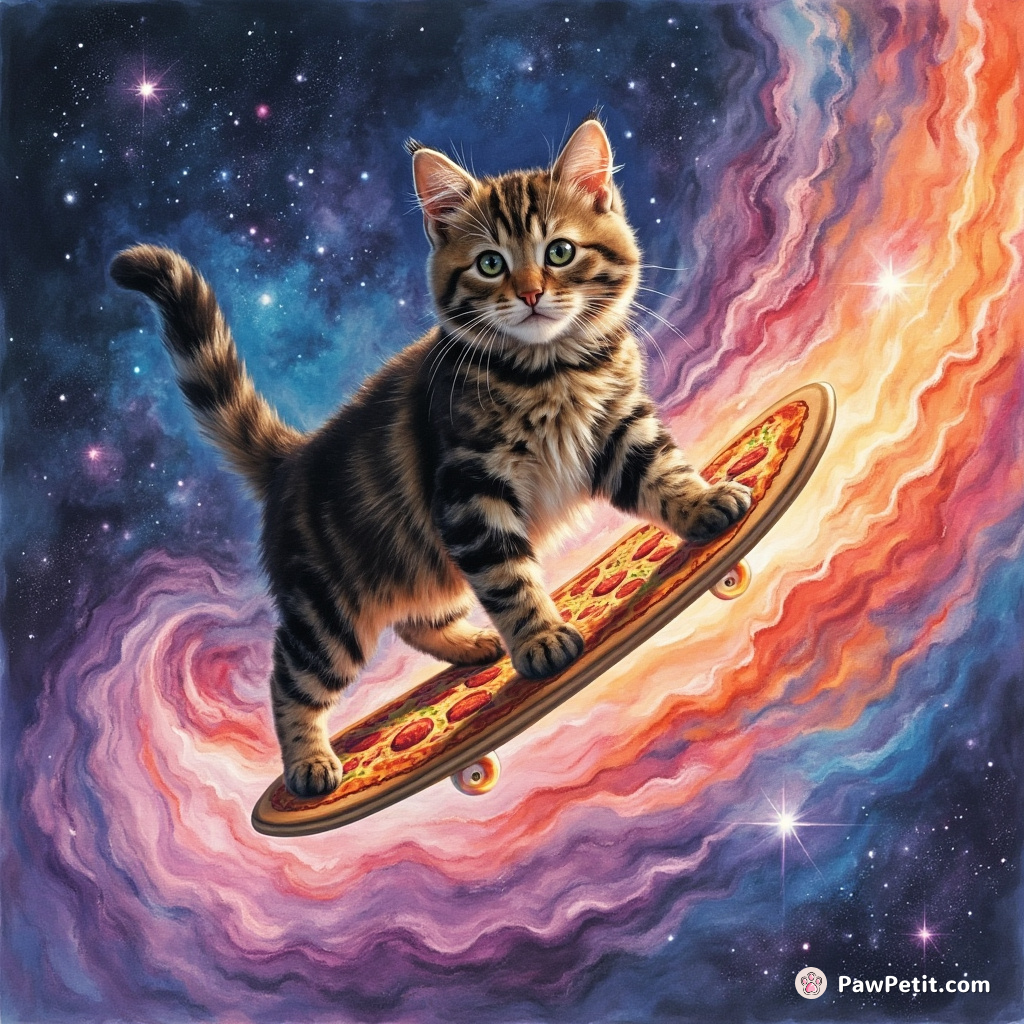 A majestic three-legged cat surfing on a multi-colored pizza in a swirling neon galaxy.