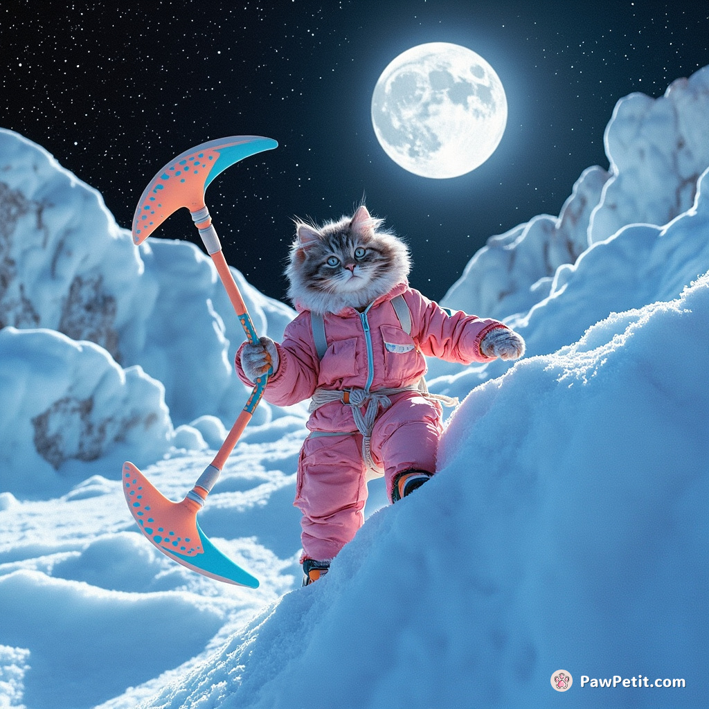 Cat in a sherpa jacket scaling an upside-down glacier with fish-shaped ice axes under a polka-dot moon.