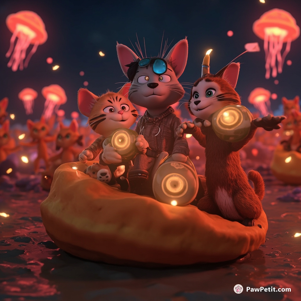 Cat rave party on a cheeseburger island illuminated by glowing jellyfish lanterns.