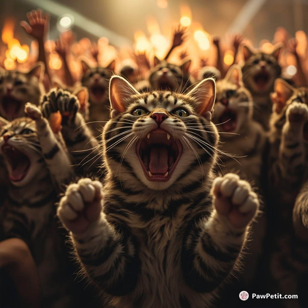 Feline overlords, with claws exposed and hisses echoing, decree silence in eyes of roaring crowd against imposed curfew.