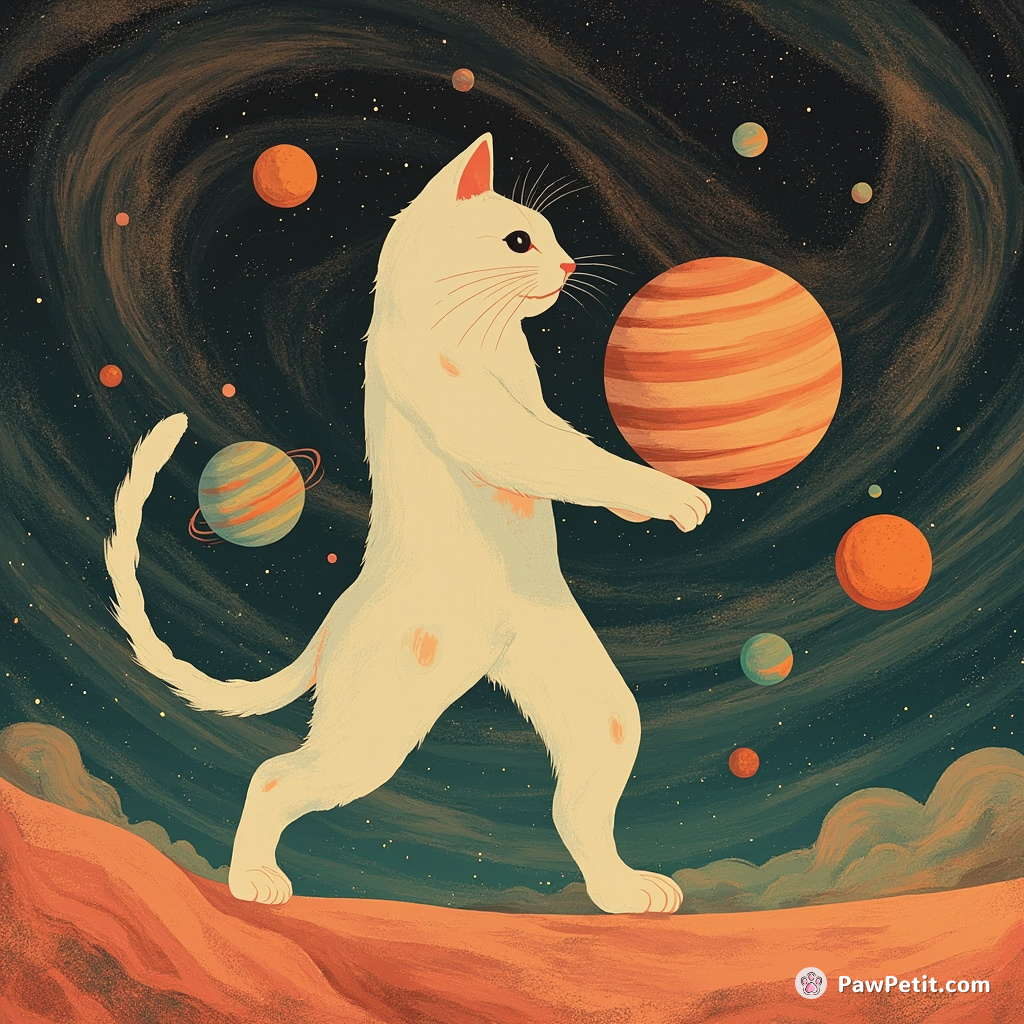 A colossal cat delicately balancing planets on its pointy tail, striding against the backdrop of a wild cosmic cocktail swirl vista.