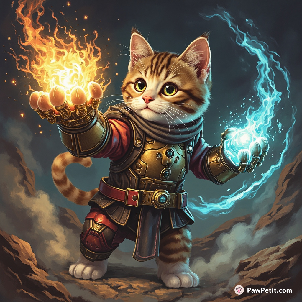 Cat swipes paw, triggering alien-tech gauntlet, warping reality as it purrs with power.