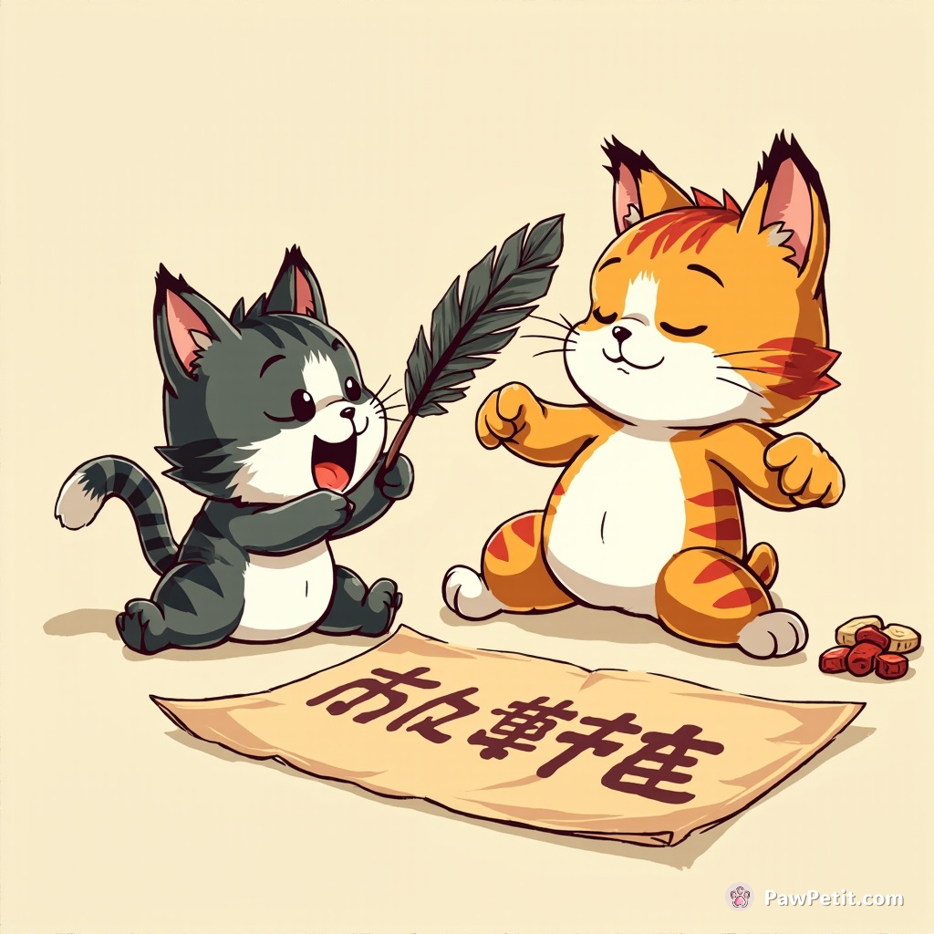 Thinking calligraphy practice is an attack, the cat springs forward and swats at the quill moving rhythmically on paper.