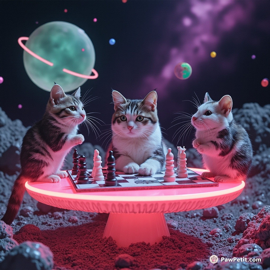 Cat participating in an intergalactic chessmatch against extraterrestrial hamsters atop a neon mushroom.