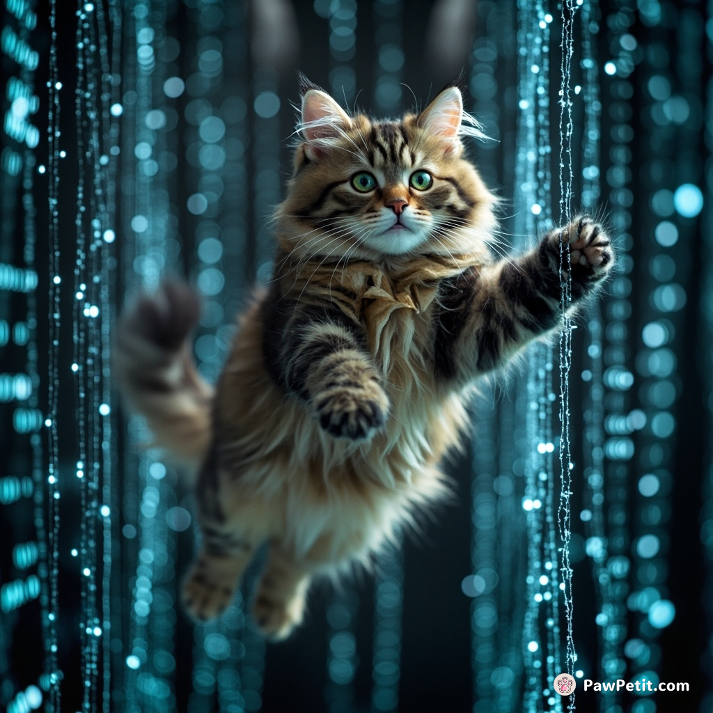 A digital cat leaps through data streams, manipulating code with its paws to alter the simulated world.