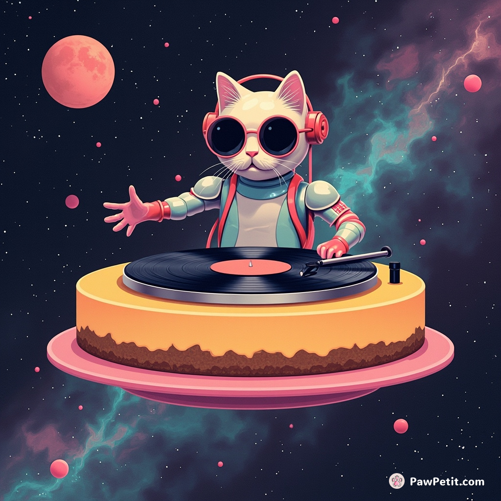 Cybernetic feline DJ spinning cosmic vinyl records atop a floating cheesecake in a nebula.
