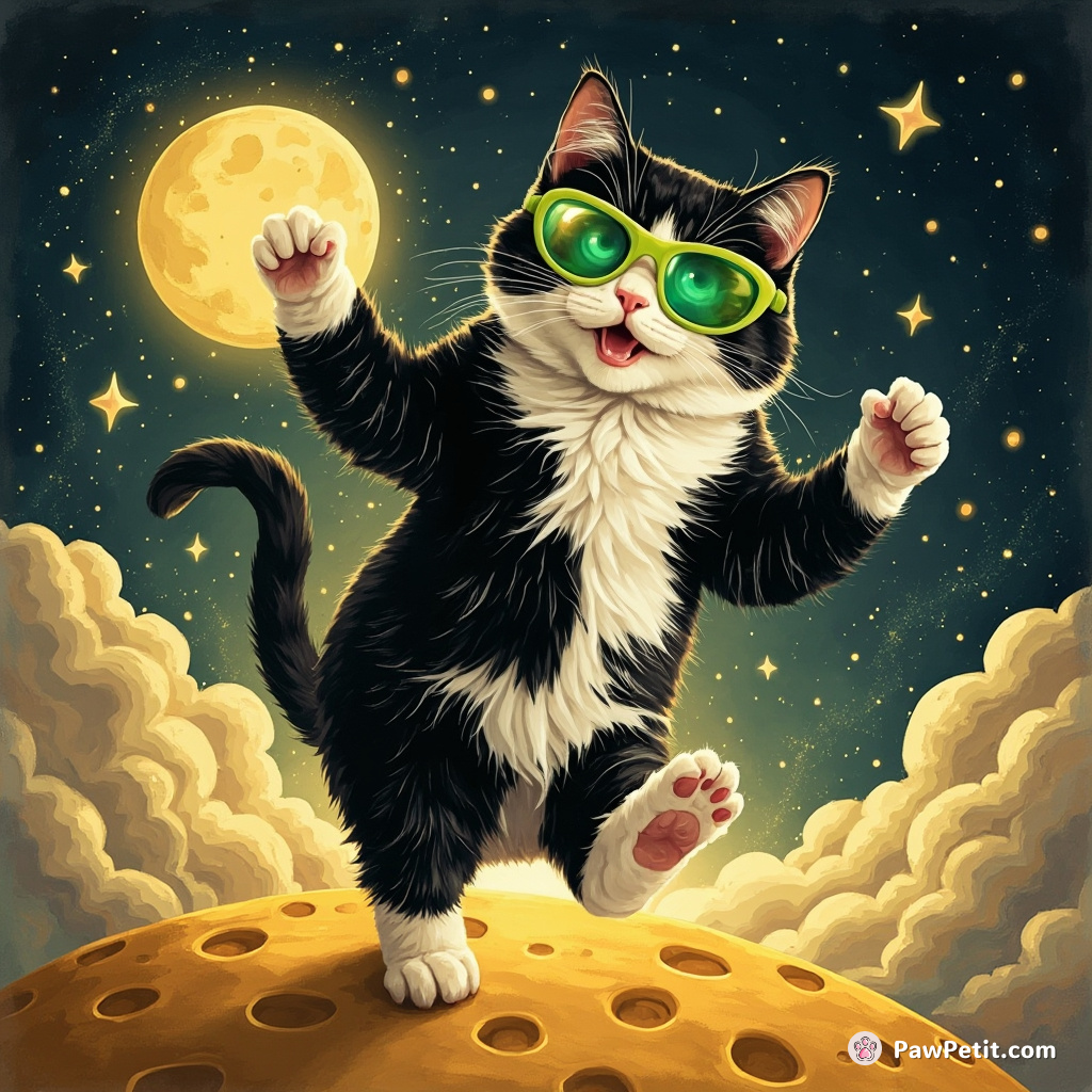 A tuxedo cat disco-dancing on a cheese moon with lime green space goggles.