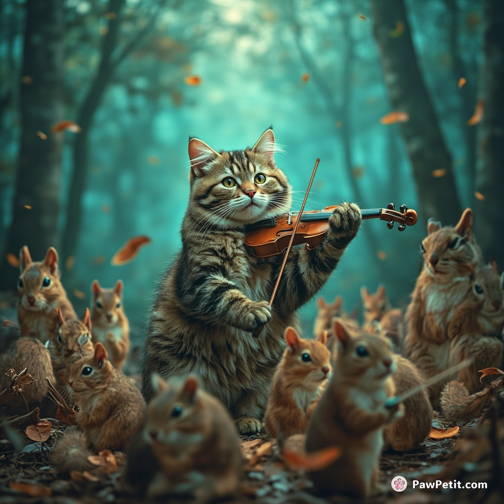 A Scottish Fold cat conducting a symphony orchestra of squirrels in the center of a cerulean forest.