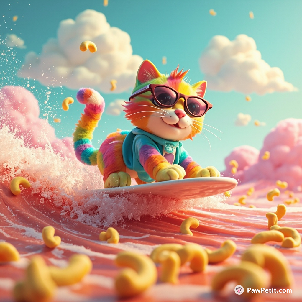 Rainbow-colored cat surfing a bacon wave in a sea of mac and cheese under a cotton candy sky.