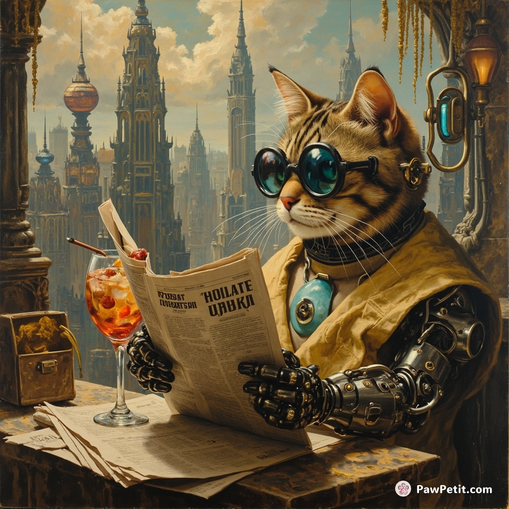 Cybernetic cat reading multiversal newspapers, serving robotic mice cocktails in a floating cheese bar above a neo-Gothic cityscape.