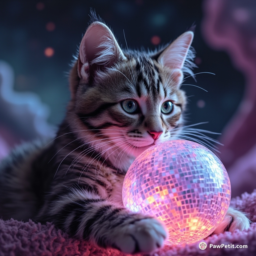 Cybernetic cat sipping nebula nectar from a cosmic disco ball in zero gravity.