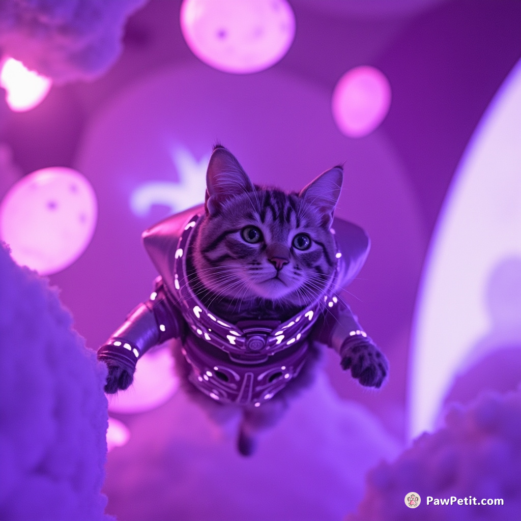 A cat decked in shimmering alien armor, floating leisurely in a neon-purple zero-gravity hatchery full of glowing egg-shaped planets.