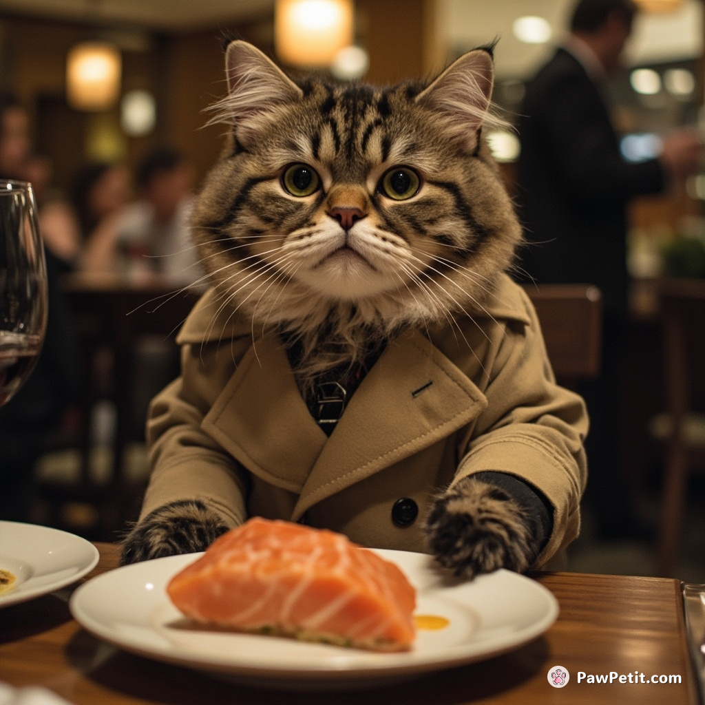 Fluffy the cat, in a trench coat, "meows" at a waiter, orders salmon, then sprints away on two legs.