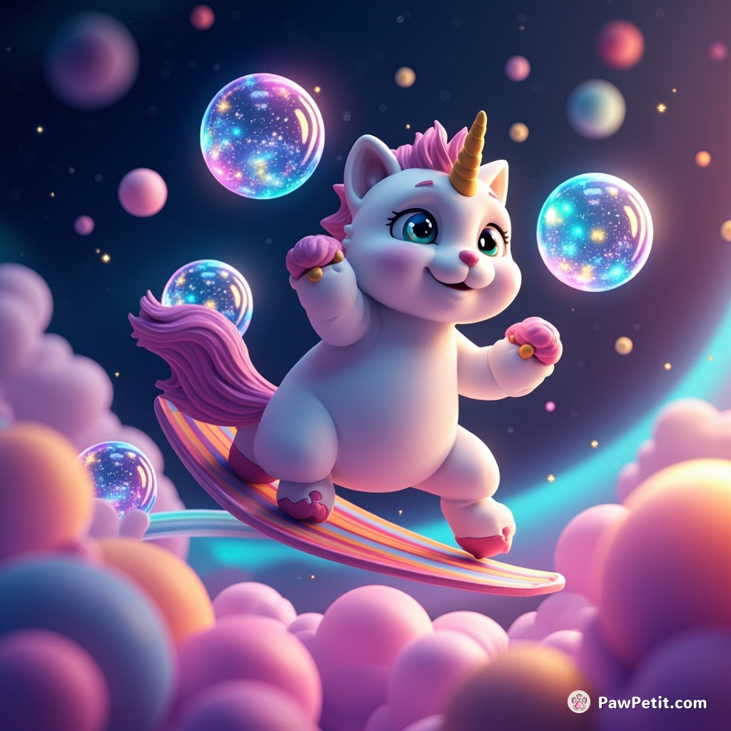 A unicorn cat delightfully juggling marbles filled with galaxies while surfing on a glowing rainbow in deep space.