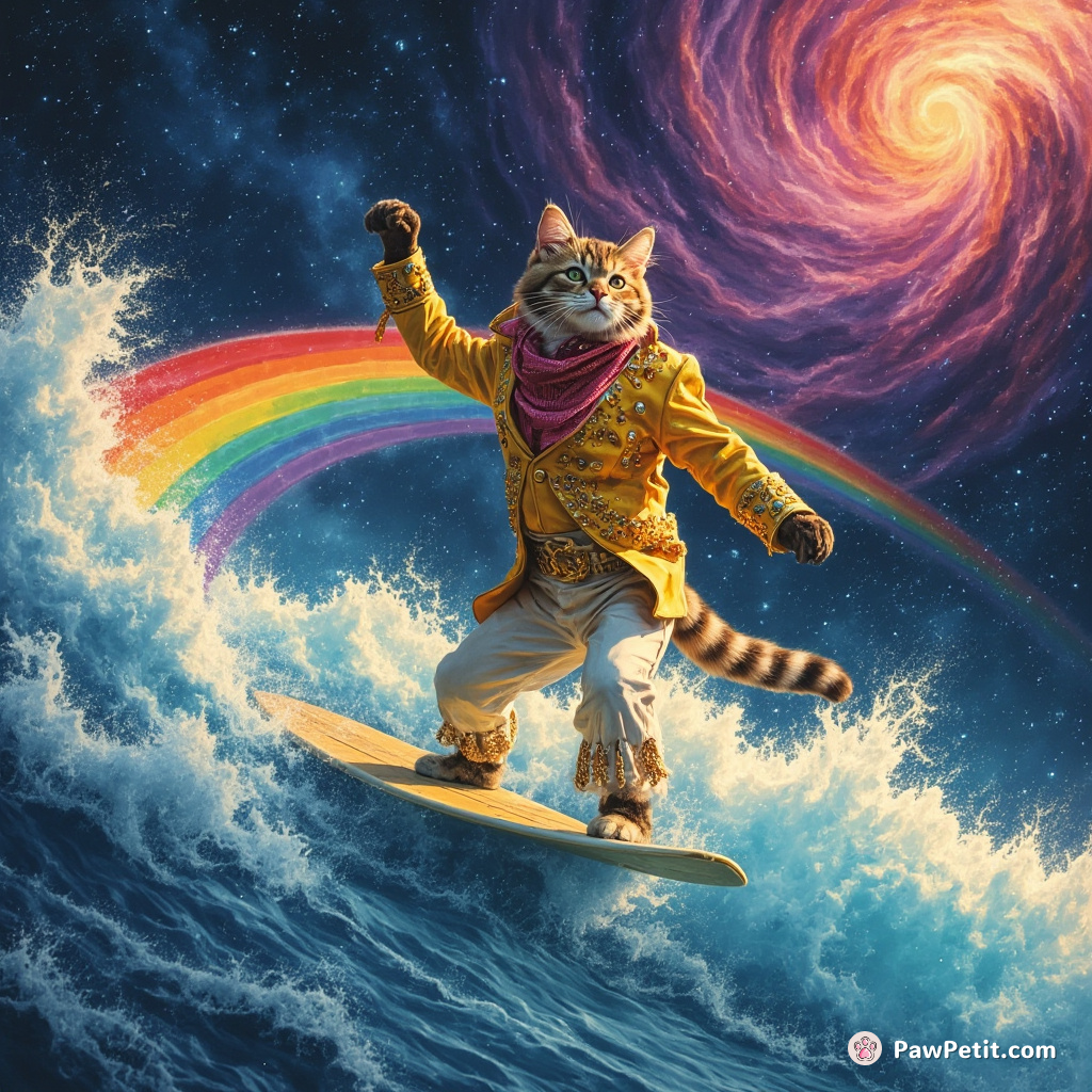 A cat surfing a rainbow wave in a swirling galaxy, wearing Elvis Presley's classic outfit.