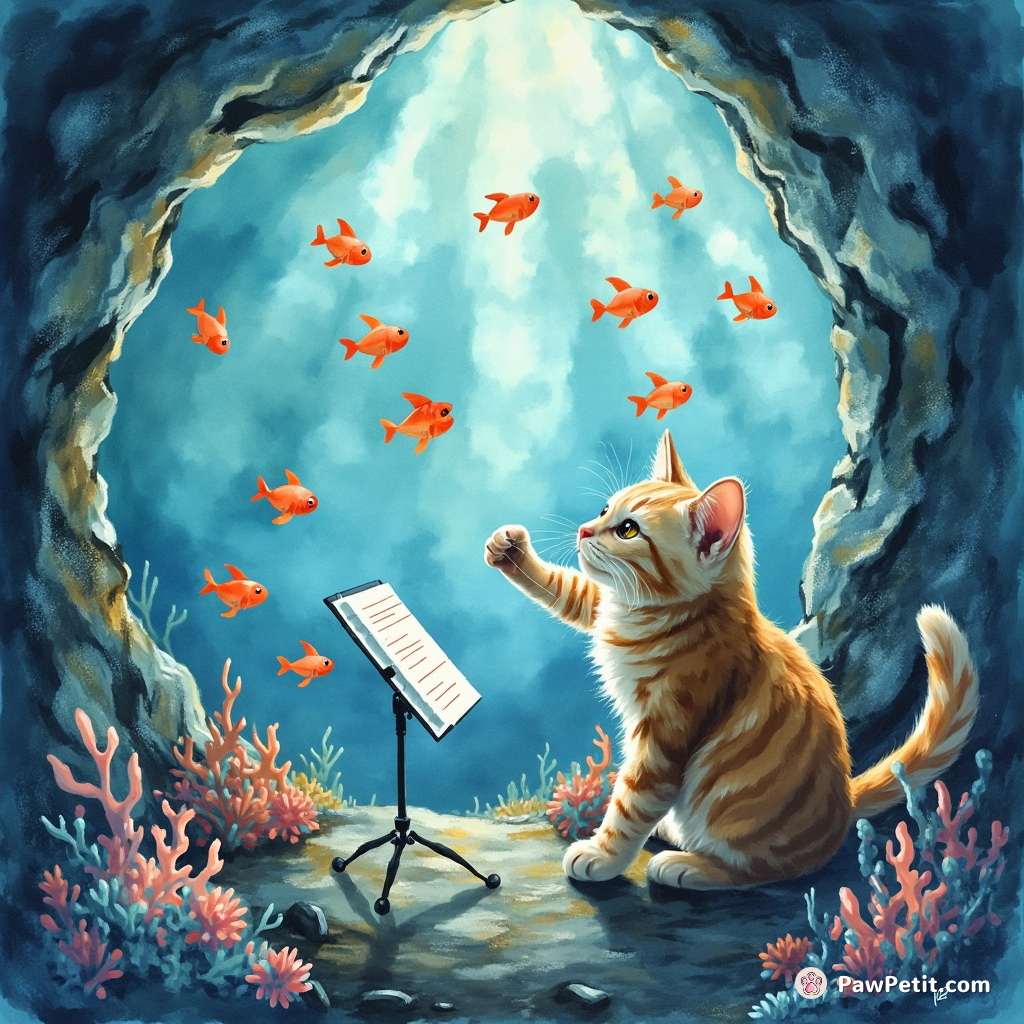 Cat conducting a symphony of singing fish in an underwater crystal cave.