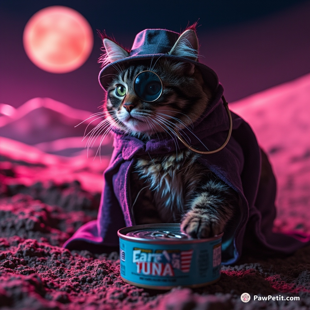 A Victorian-era detective cat with a monocle, investigating a crime scene on Mars, poising over a tin of terrestrial tuna.
