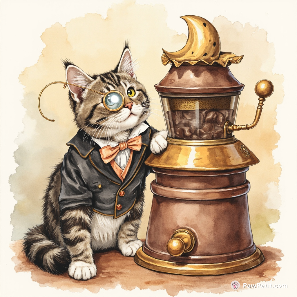 A dapper cat polishing a moon-shaped monocle next to an eccentric("Willy Wonka-esque") chocolate machine.