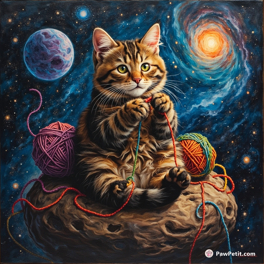 A tabby cat knitting the galaxy with rainbow yarn, whilst sat on a floating asteroid in outer space.