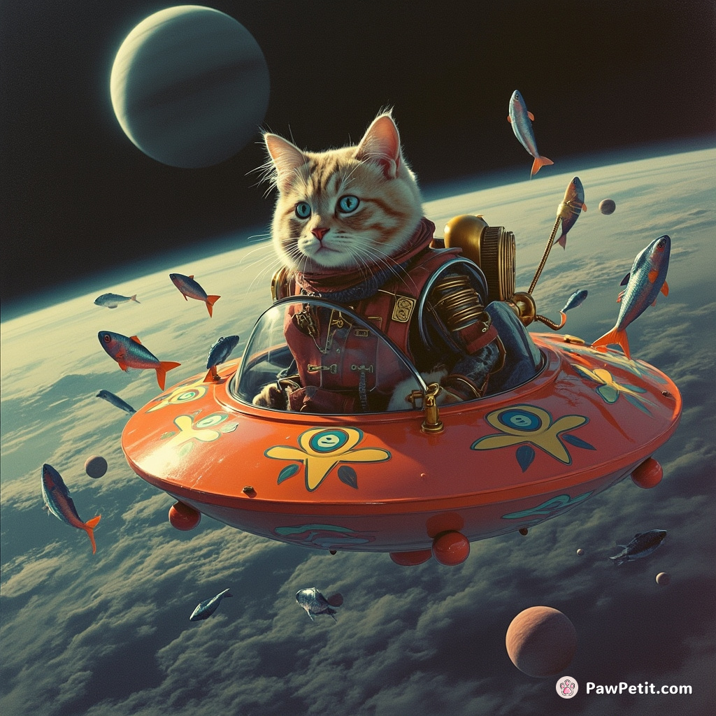 Steampunk robotic cat piloting a flying saucer full of fish around the rings of Saturn.