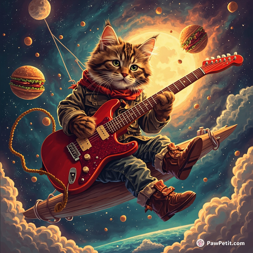 Cat playing a red-hot electric guitar while sailing through a galaxy of cheeseburger planets.