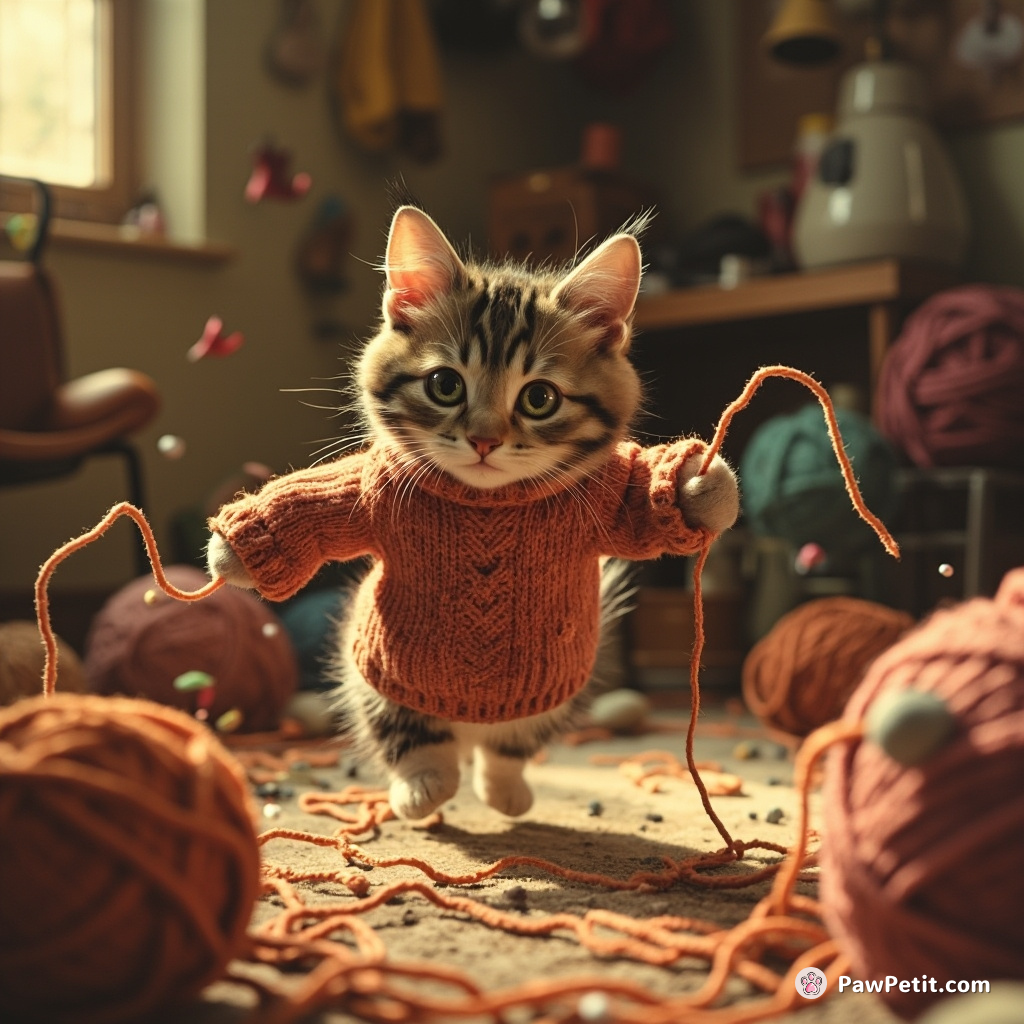 In the chaotic knitting circle, the tabby cat barrels after tangled string unravelling sweater into undoing.
