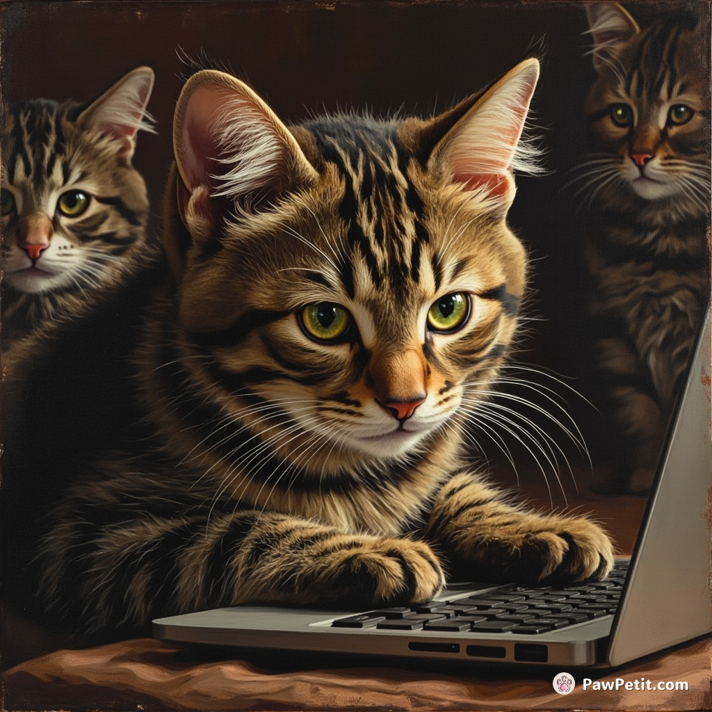 Whiskers, the tabby, stealthily typed a message on the human's laptop during a secret meeting with feline comrades.