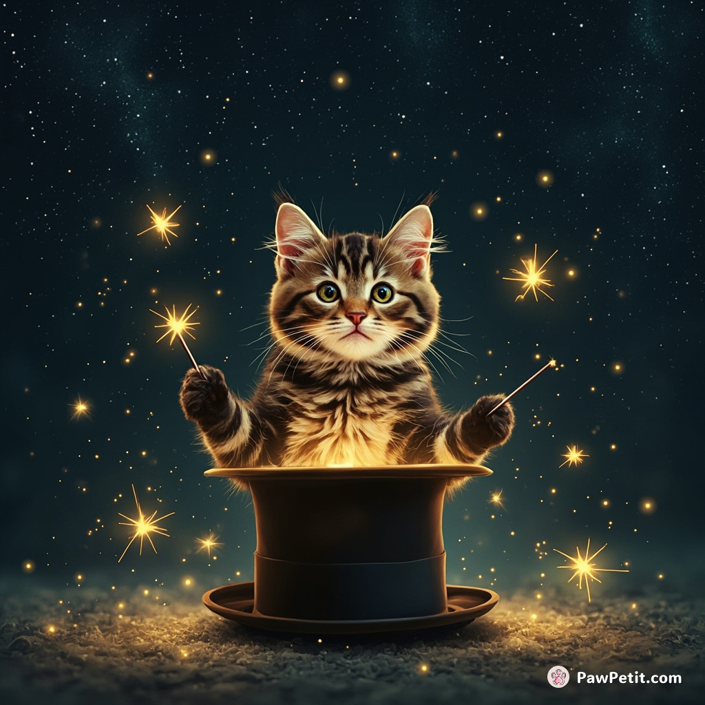 A maroon-tabby cat wildly conducting a symphony of fireflies in an overturned top hat, amidst a sparkling meteor shower.