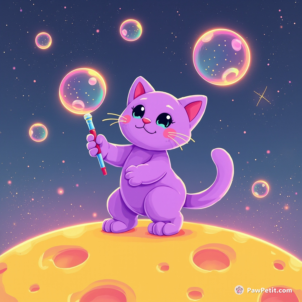 A neon-purple cat using a bubble wand to conjure enchanted galaxies while standing atop an oversized cheese moon.