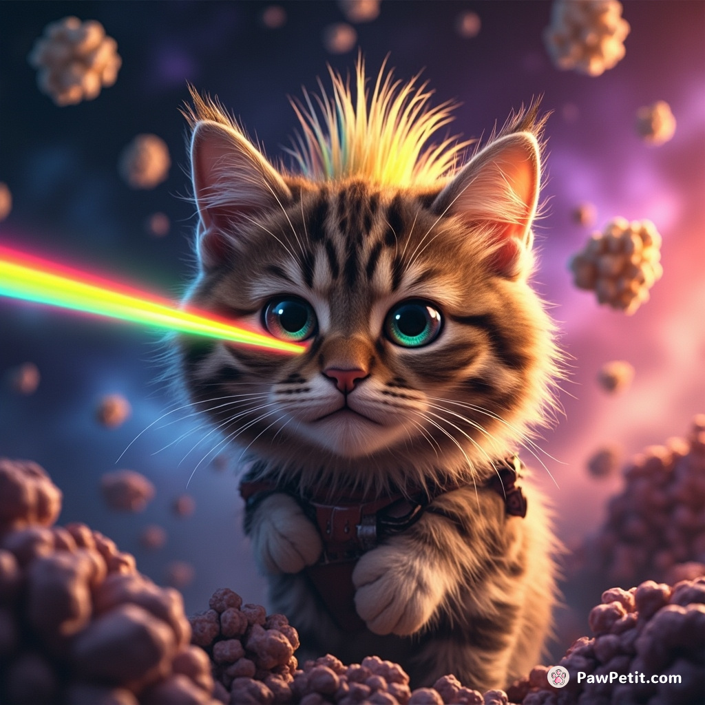 A grumpy tabby sporting a florescent mohawk, fiercely battling space aliens with its rainbow laser eyes in a glorious popcorn-popping nebula.