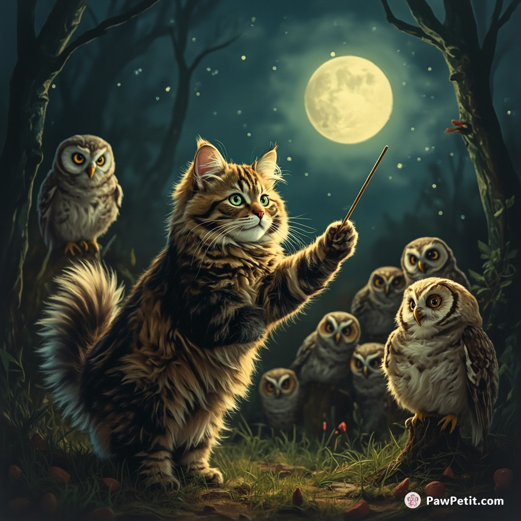 A cat conducting an orchestra of owls in a moonlit forest.
