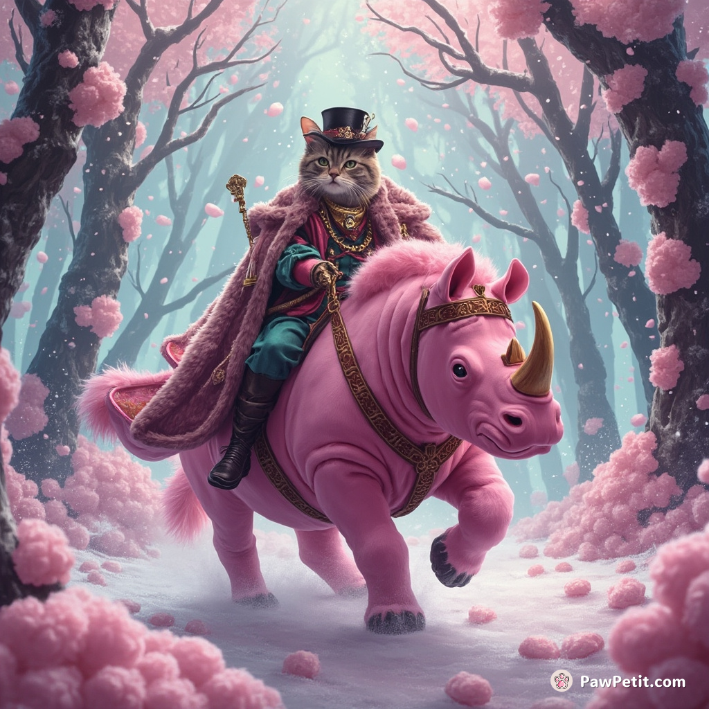 A Victorian-era cat aristocrat proudly riding a neon pink rhino through a bubble-gum forest during a marshmallow snowfall.
