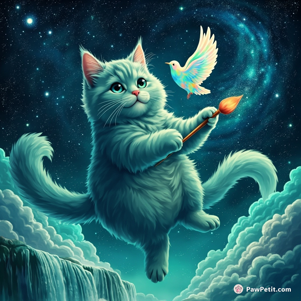 A teal Persian cat, wielding an iridescent dove as a paintbrush, creating swirling galaxies in the midnight sky above turquoise waterfalls.