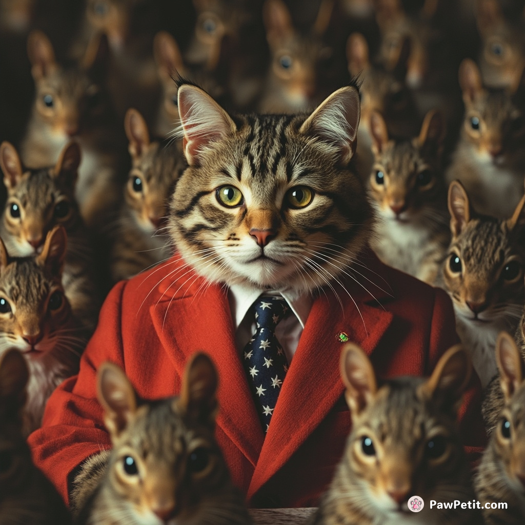 The cat attempts to run for president, delivering a speech with whiskers twitching emphatically, in front of an audience of squirrels.