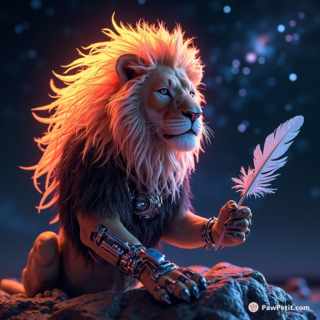 A cybernetic lion with a flaming alabaster mane, using a feather quill to sketch constellations on the midnight sky.