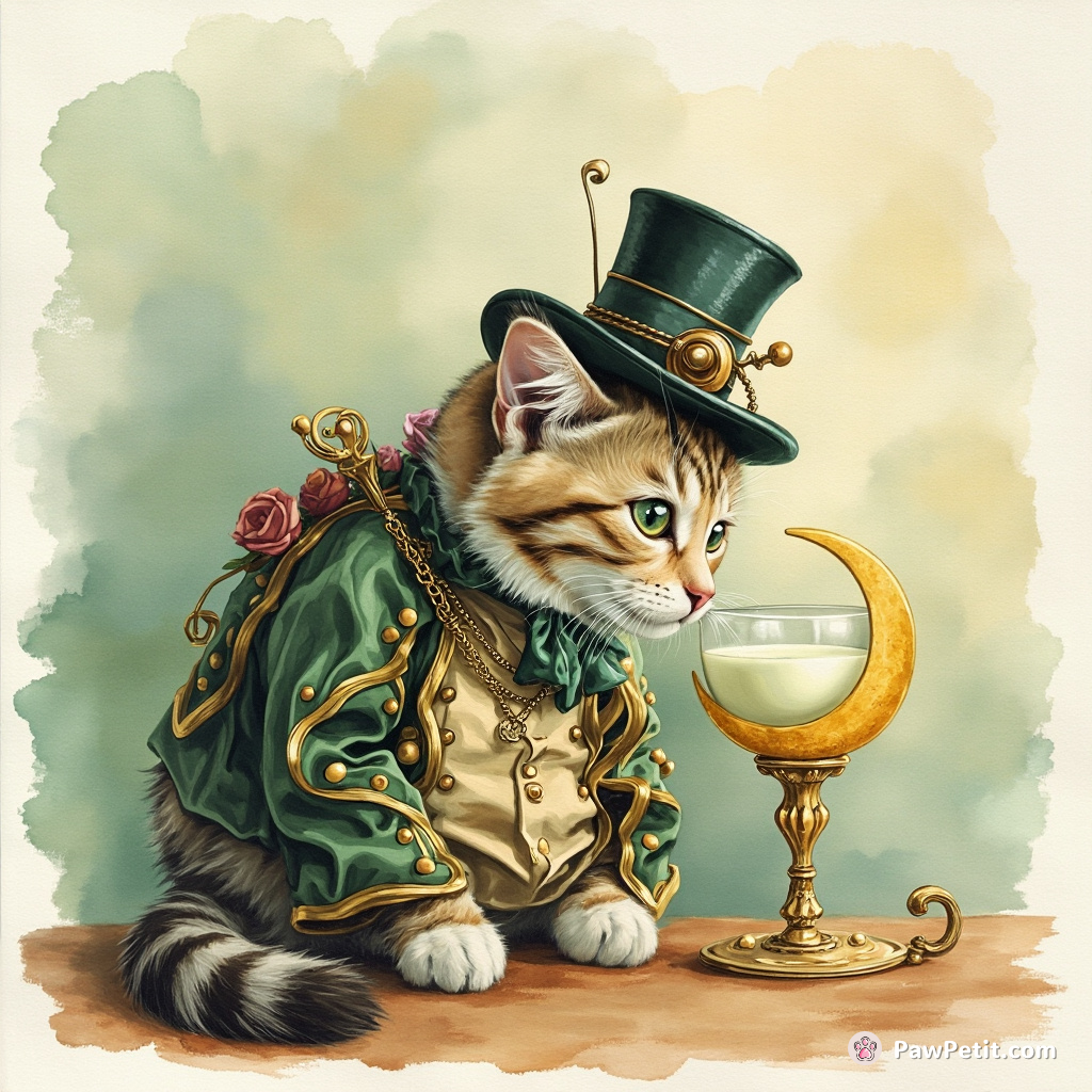 A Victorian steampunk cat sipping an absinthe flavored milk from a tiny crescent moon shaped goblet.