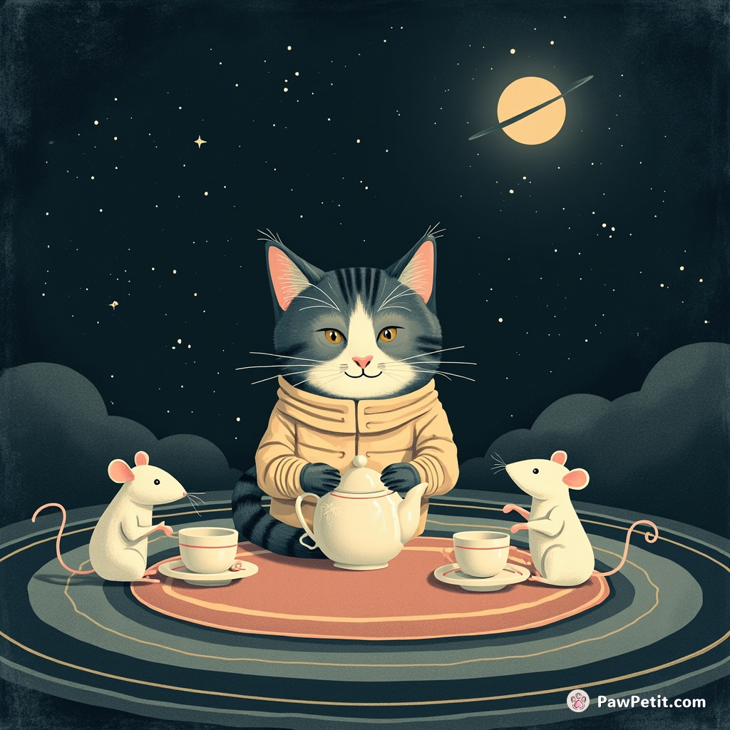 A tabby cat hosting a midnight moonlight tea party on Neptune’s rings for astronaut mice.