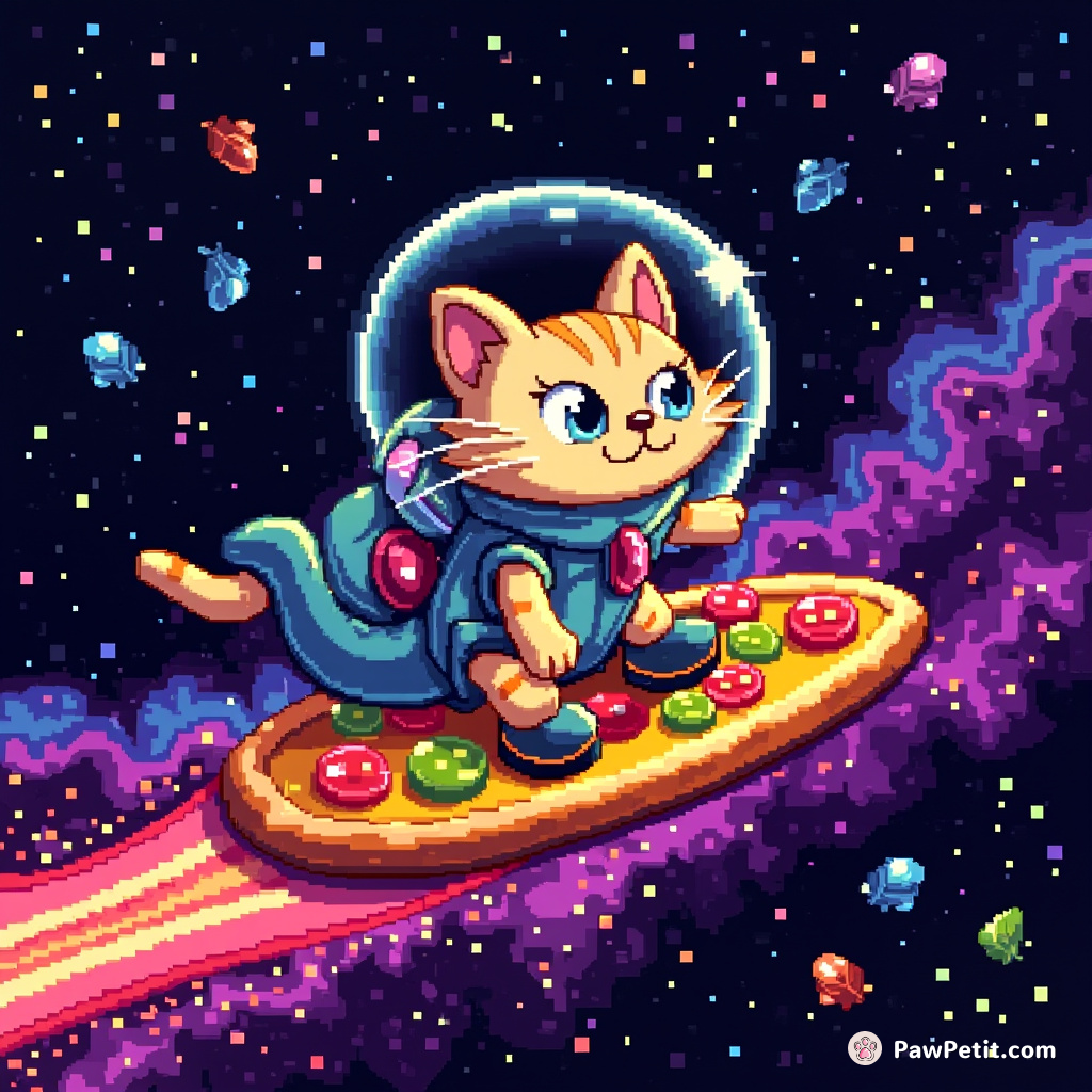 Space cat surfing on a neon pizza through galaxy sprinkled with diamond stars.