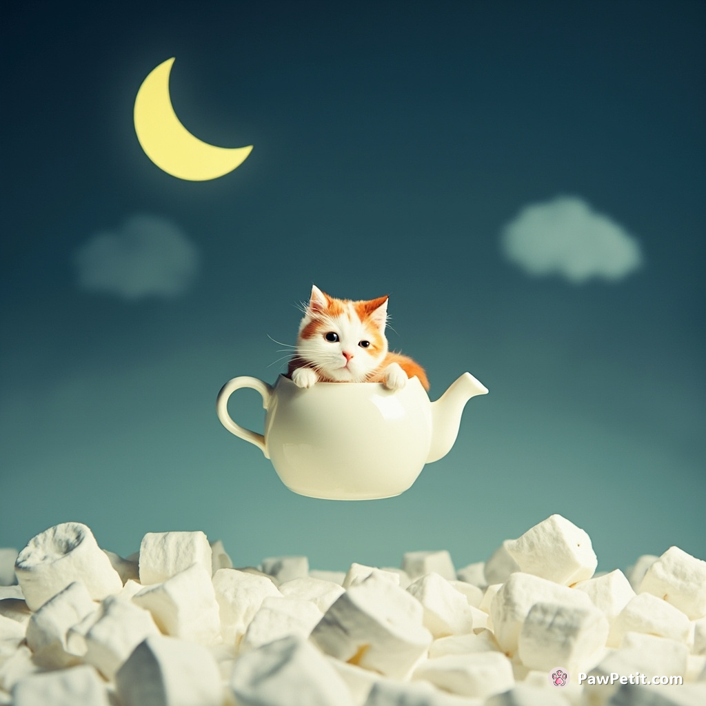 Cat floating in a teapot over a marshmallow ocean in the moonlight.