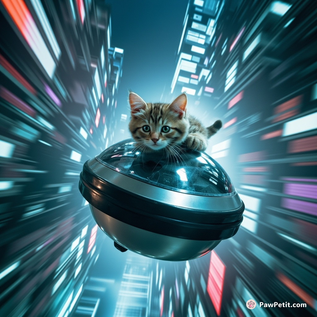 Quantum-kitty leaps through binary airwaves, hijacking a sleek hoverpod mid-flight in Neo-Tokyo’s luminescent skyscraper maze.