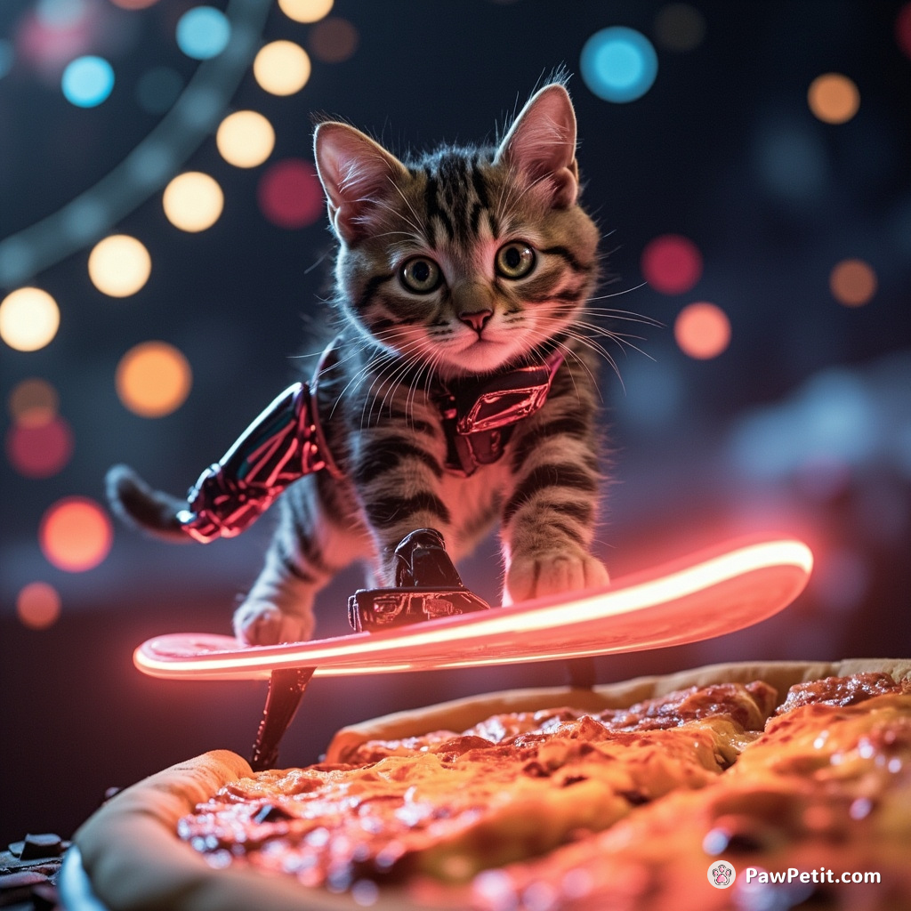Cybernetic cat surfing on a glowing pizza slice in an intergalactic disco.