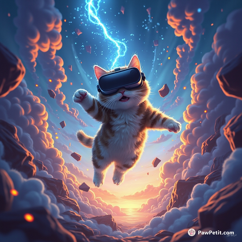 In the VR realm, a cat leaps through shifting digital landscapes, leaving trails of glowing pixels in its wake.